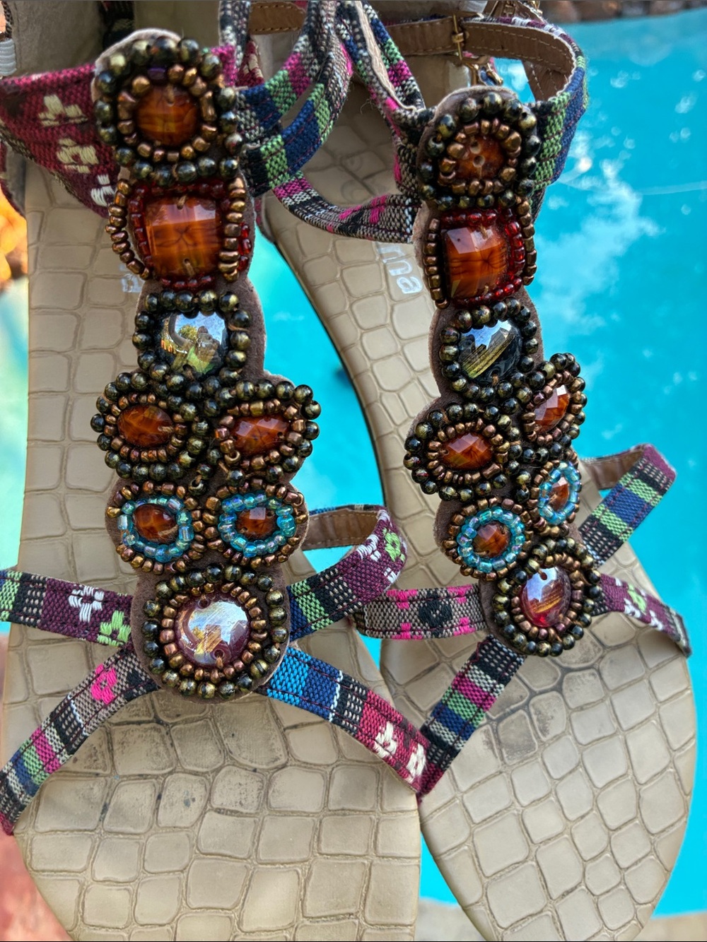 Jeweled Beaded Multi-Color Women's T-Strap Sandals 42. 10